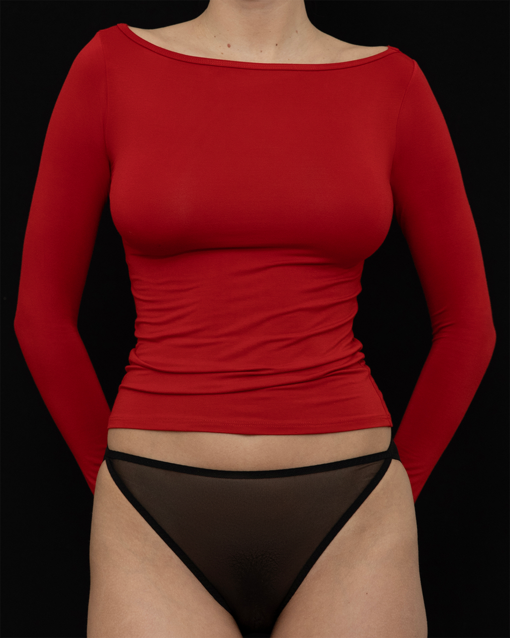 Front View of Recline Bateau Long Sleeve in Corbusier Red from KYE Intimates in Los Angeles.