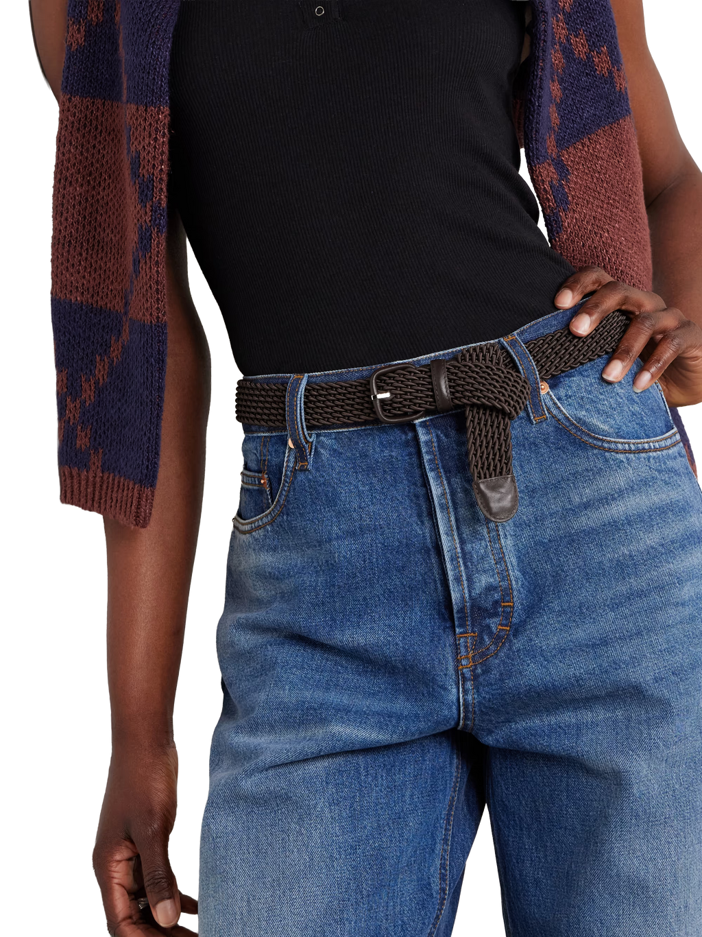 Woven leather-trimmed cord belt
