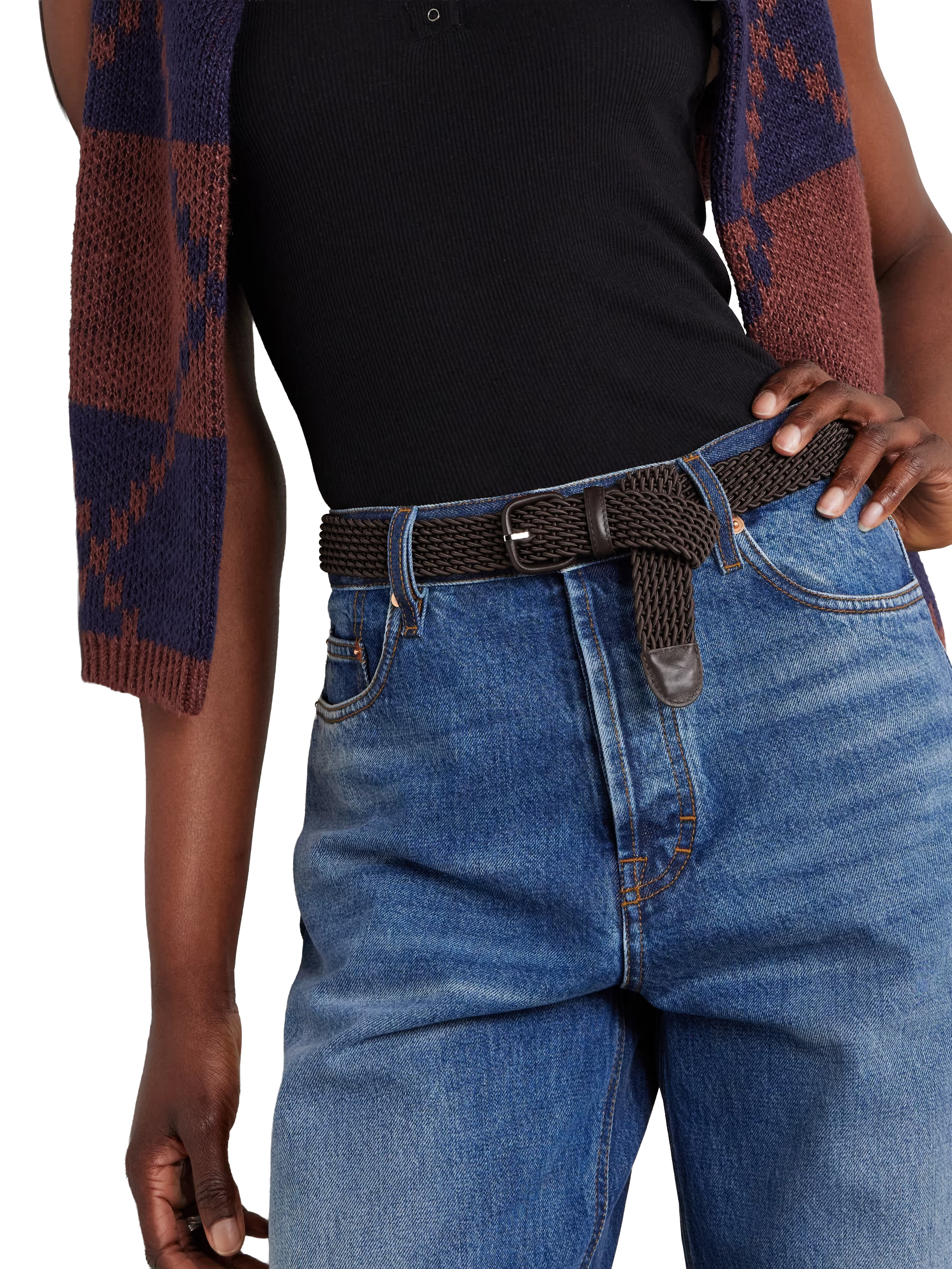 Woven leather-trimmed cord belt