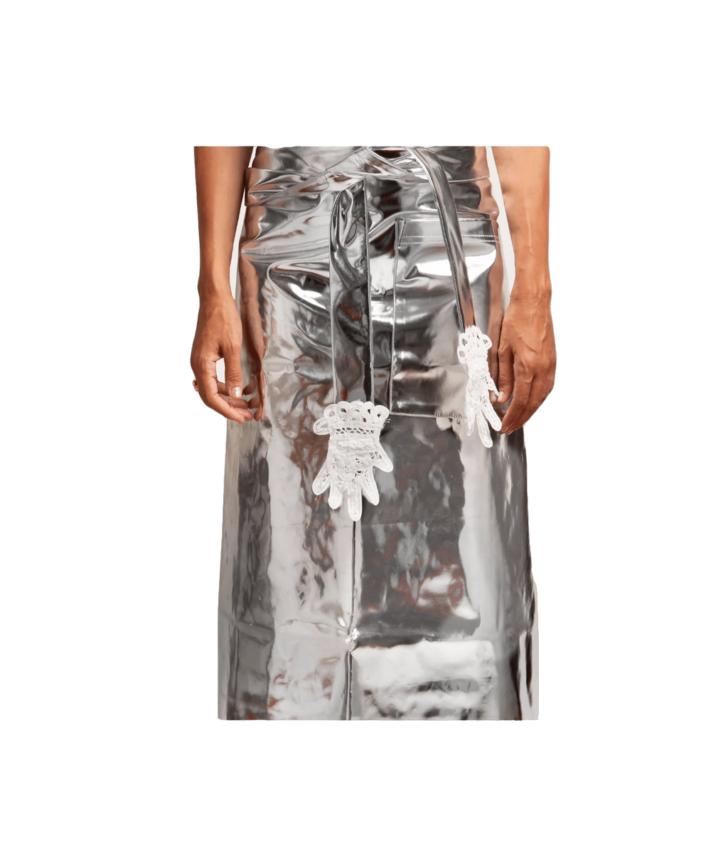 Metallic apron with lace applique