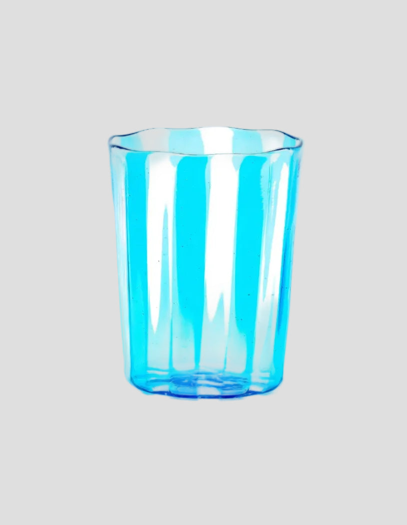A translucent light blue plastic cup with vertical ridges and a flared rim, shown on a plain white background.